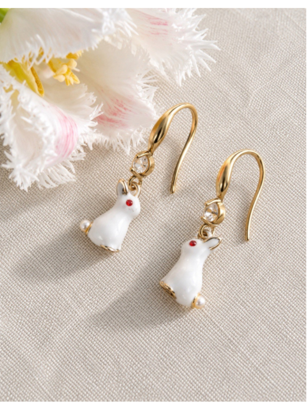 Whimsical White Rabbit Enamel Crystal Bunny Earrings Boho French Designer Gold